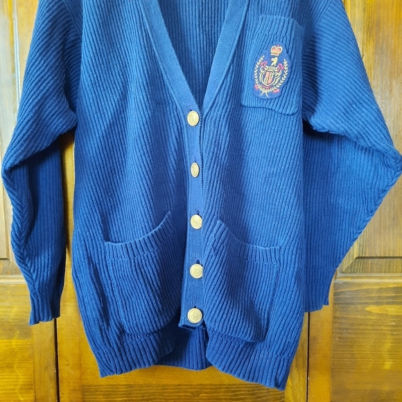Vintage Liz Sport 100% Cotton Navy Blue Ribbed Knit Preppy Cardigan Sweater - Picture 3 of 9